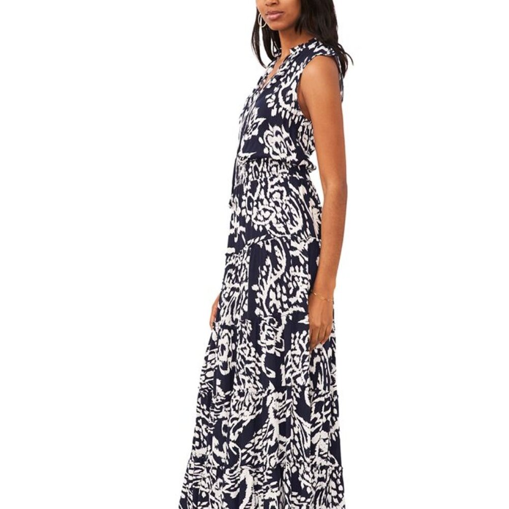 MSK Women's Sleeveless Printed Smocked-Waist Tiered Maxi Dress Navy White L - Picture 2 of 12